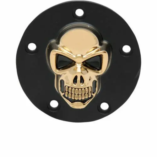 3D Skull Zündungsdeckel Schwarz - Gold, f. Harley - Davidson Twin Cam 99 - heute Finale Aktion